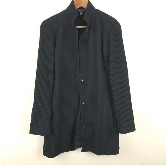 EILEEN FISHER Black High Collar Long Jacket XS - Picture 2 of 8